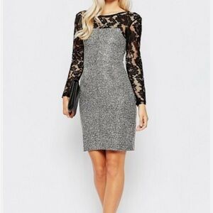 French Connection Lace Sleeve Sheath Dress Grey Tweed Black Lace